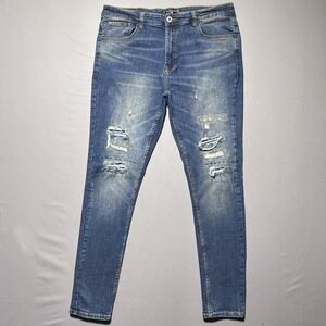 Serenede Skinny‎ Jeans Mens 36 Blue Distressed Skater Punk Whiskering Stretch